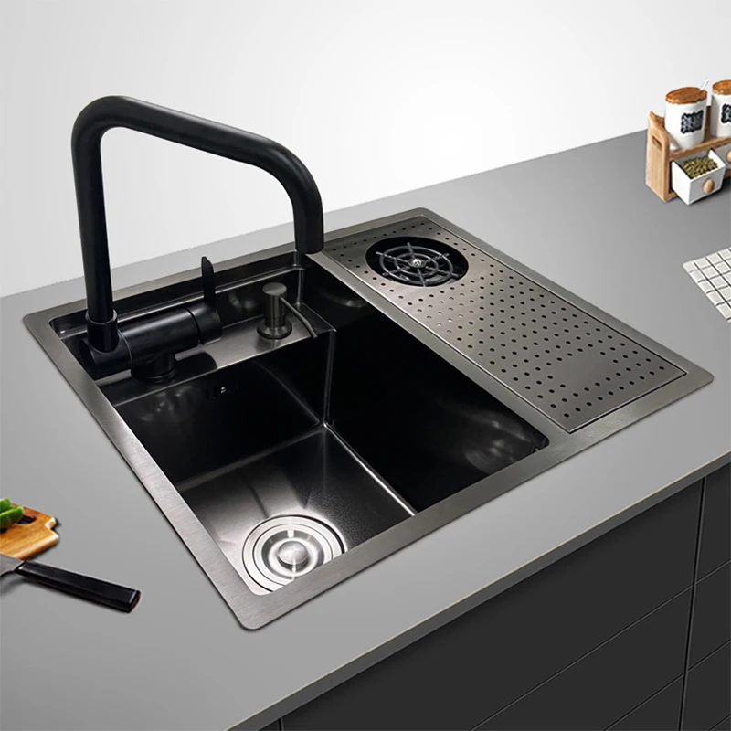 

Nano Hidden Bar Kitchen Sink Black Folding Faucet Cup Washer Mini Single Bowl Basin Stainless Steel Soap Dispenser Accessories