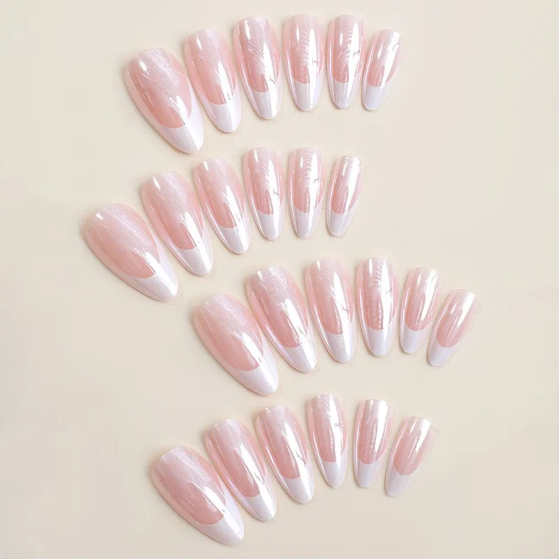 24 Stuks Draagbare Franse Pers Op Valse Nagels Eenvoudige Volledige Dekking Nagel Tips Manicure Lange Amandel Nepnagels Met Wit Randontwerp