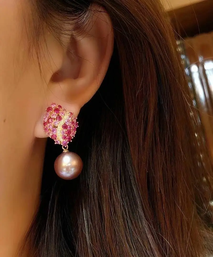 Gorgeous 10-11mm South Sea Round Pink Pearl Earring 925s