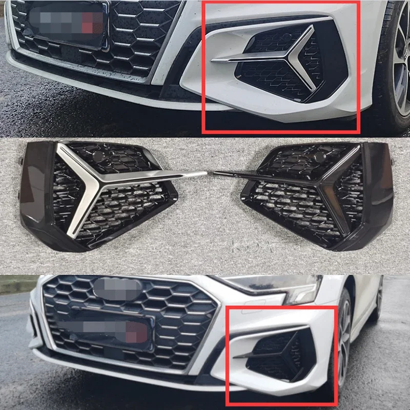 2pcs Auto Left Right Front Lower Bumper Fog Light Grille Grill Cover All Black Chrome For A3 S-Line SLine 2021 2022 2023 2024