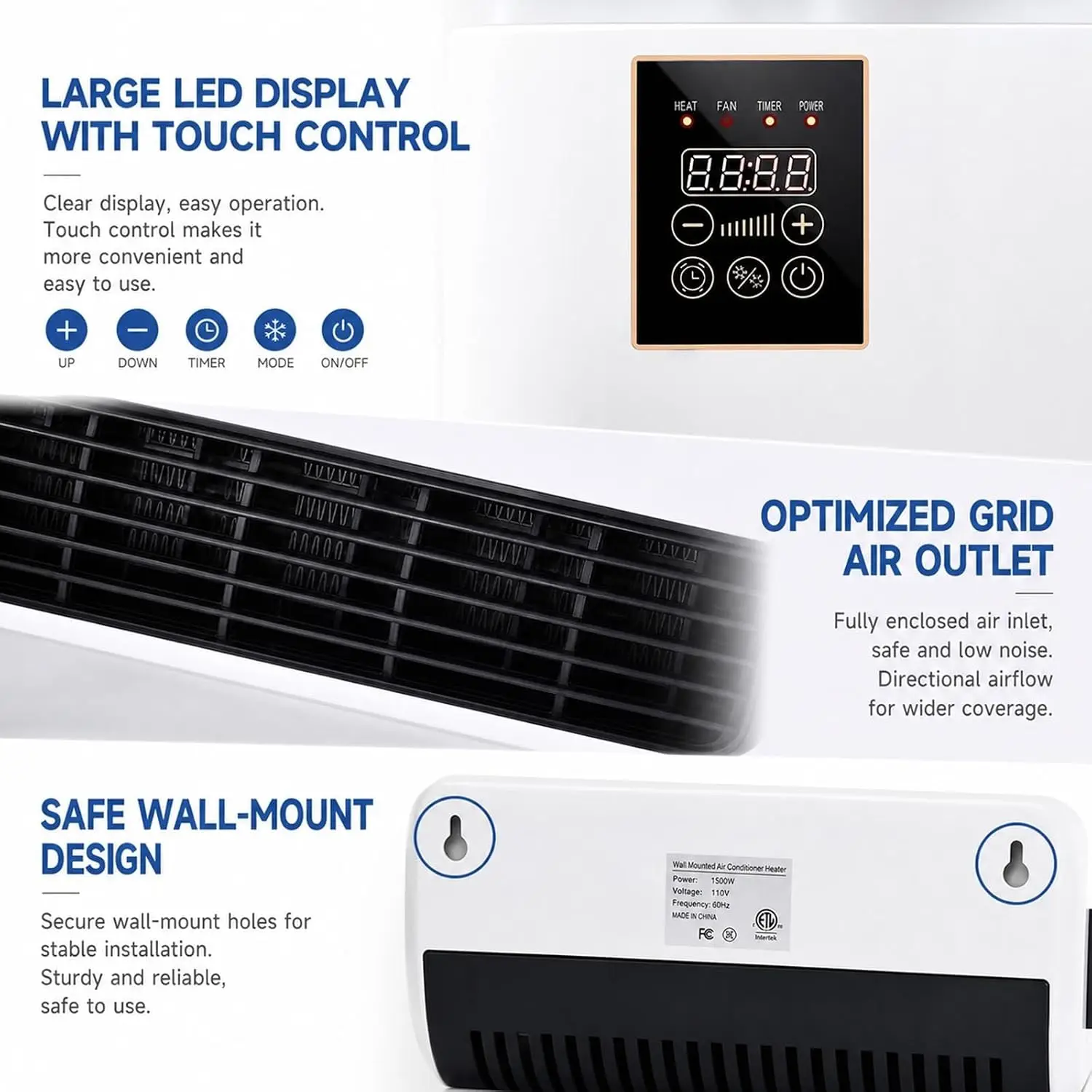 Wall Mounted Air Conditioner 2 in 1 Mini AC Unit Cooling and Heating System, 110V Portable Ductless Fan and Space Heater Combo, Quiet Smart Climate Control for Bedroom RV(White)