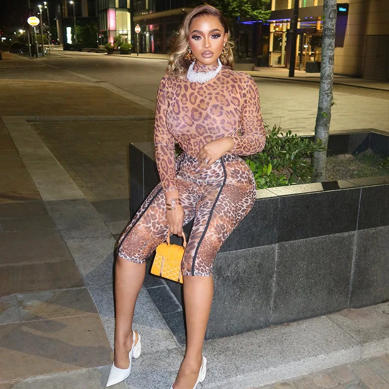 

Women Sexy See Through Leopard Print Skinny 2 Piece Set O-neck Long Sleeve T-shirts + Knee Length Pants Slim Clubwear Suits