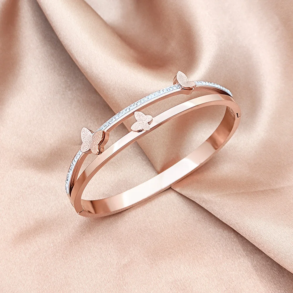 Premium frosted butterfly bracelet, silver gold-plated women's bracelet, luxury crystal double-layer spring bracelet image 3