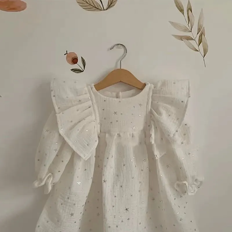 Baby Girl Princess Bling Star Cotton Ruffle Dress Long Flared Sleeve Spring Autumn Infant Toddler  Vestido Baby Clothes 1-5Y