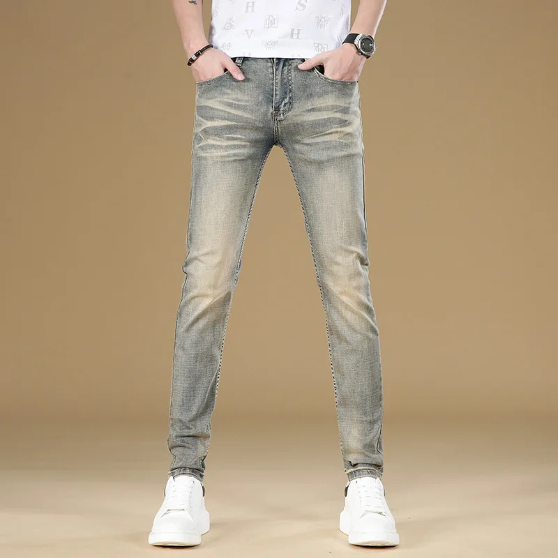 Jeans retrô simples masculino, slim fit, magro, calça casual high-end, stretch com tudo, aparência combinando, lavável, marca da moda