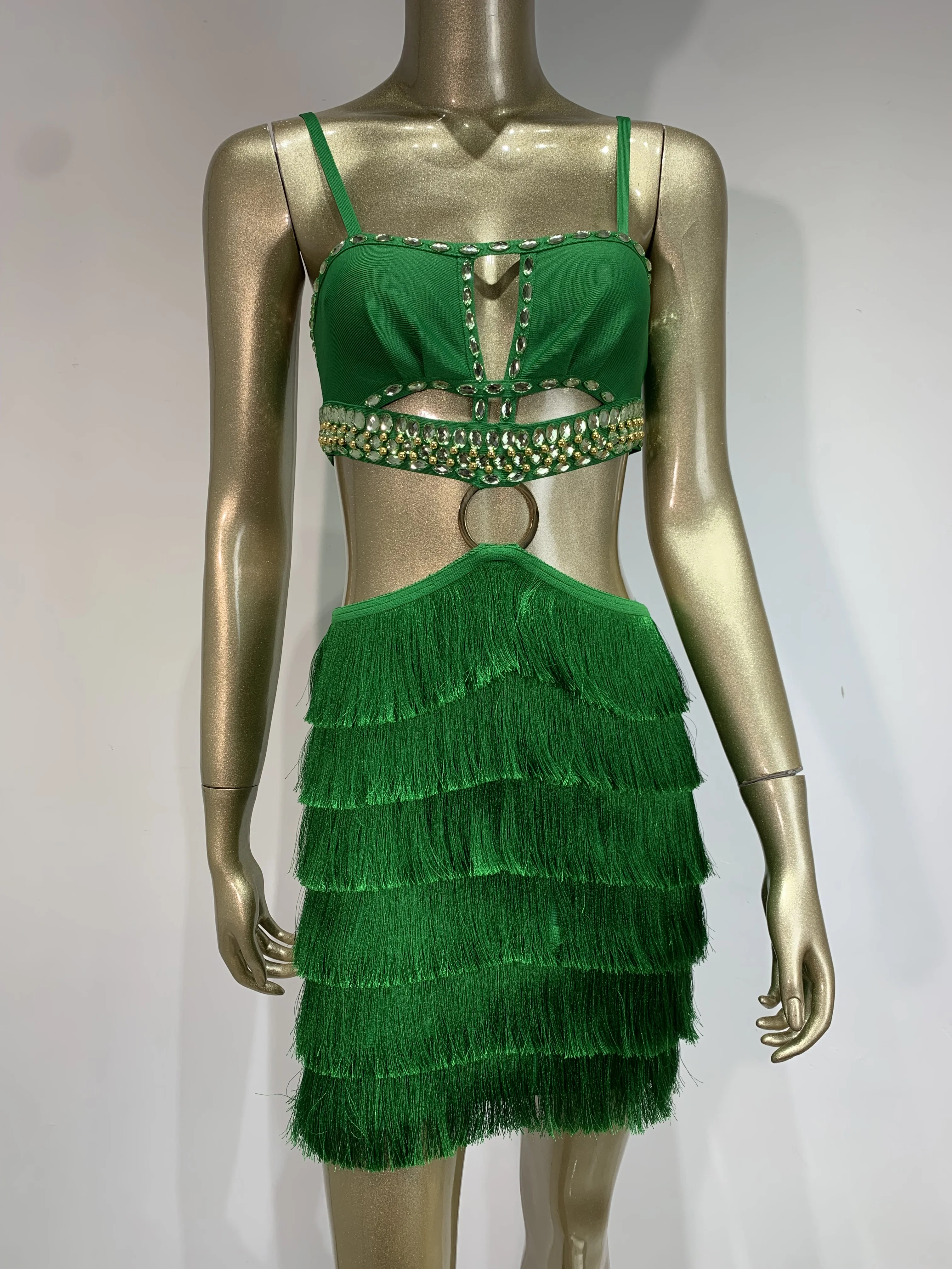 Women Celebrity Sexy Sleeveless Backless Green Tassel Cut Out Mini Bodycon Bandage Dress 2024 Elegant Evening Club Party Outfit