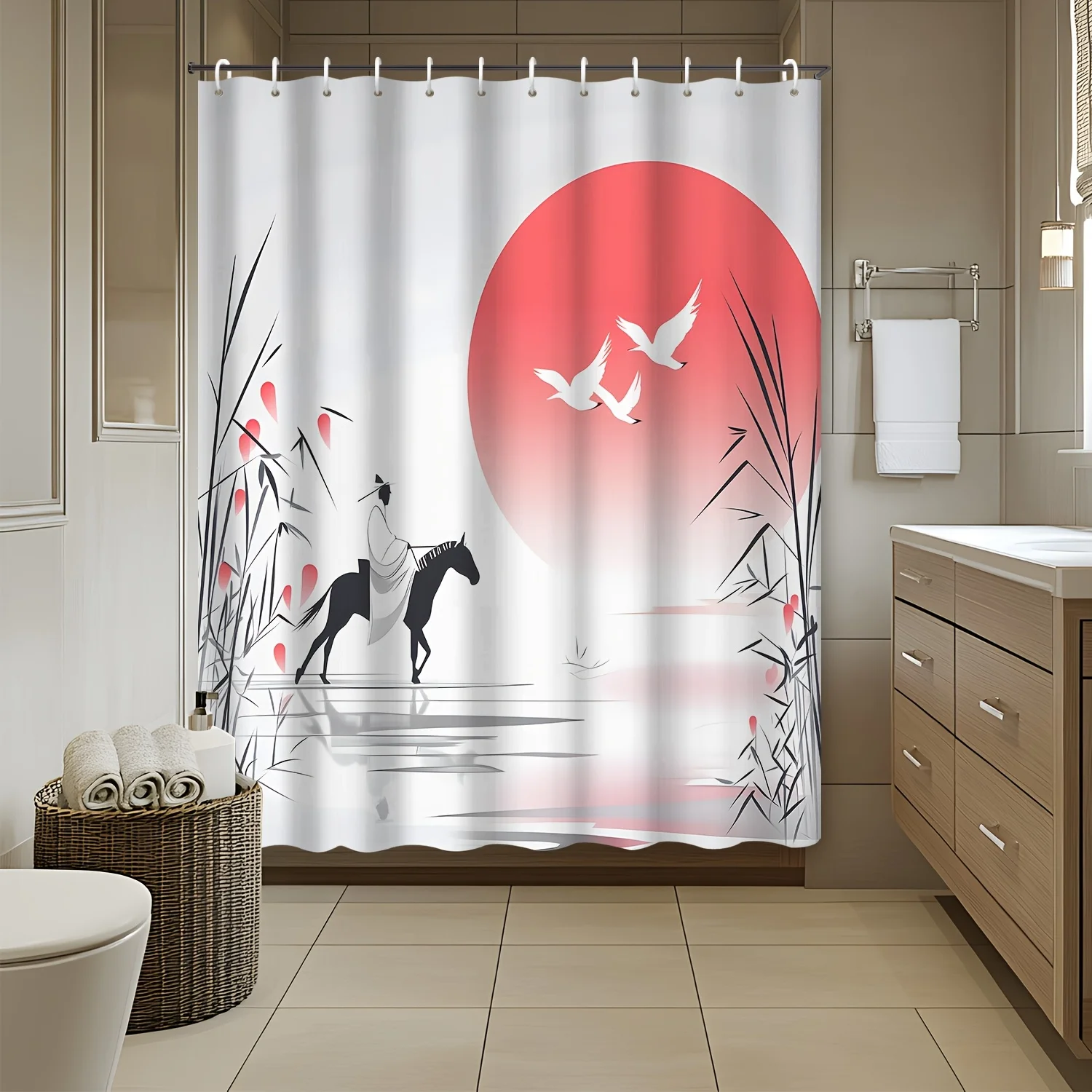 

1pc Zen Landscape Shower Curtain with Hooks - Red Sun, Flying Birds & Bamboo Art Design, Polyester Bathroom Decor for Nature-Ins