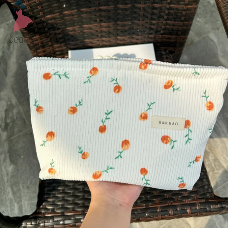 Bolsa de cosméticos de flores Retro de pana para mujer, neceser de viaje, estuches de almacenamiento de belleza, organizador de maquillaje, bolso de mano, bolsa de lavado