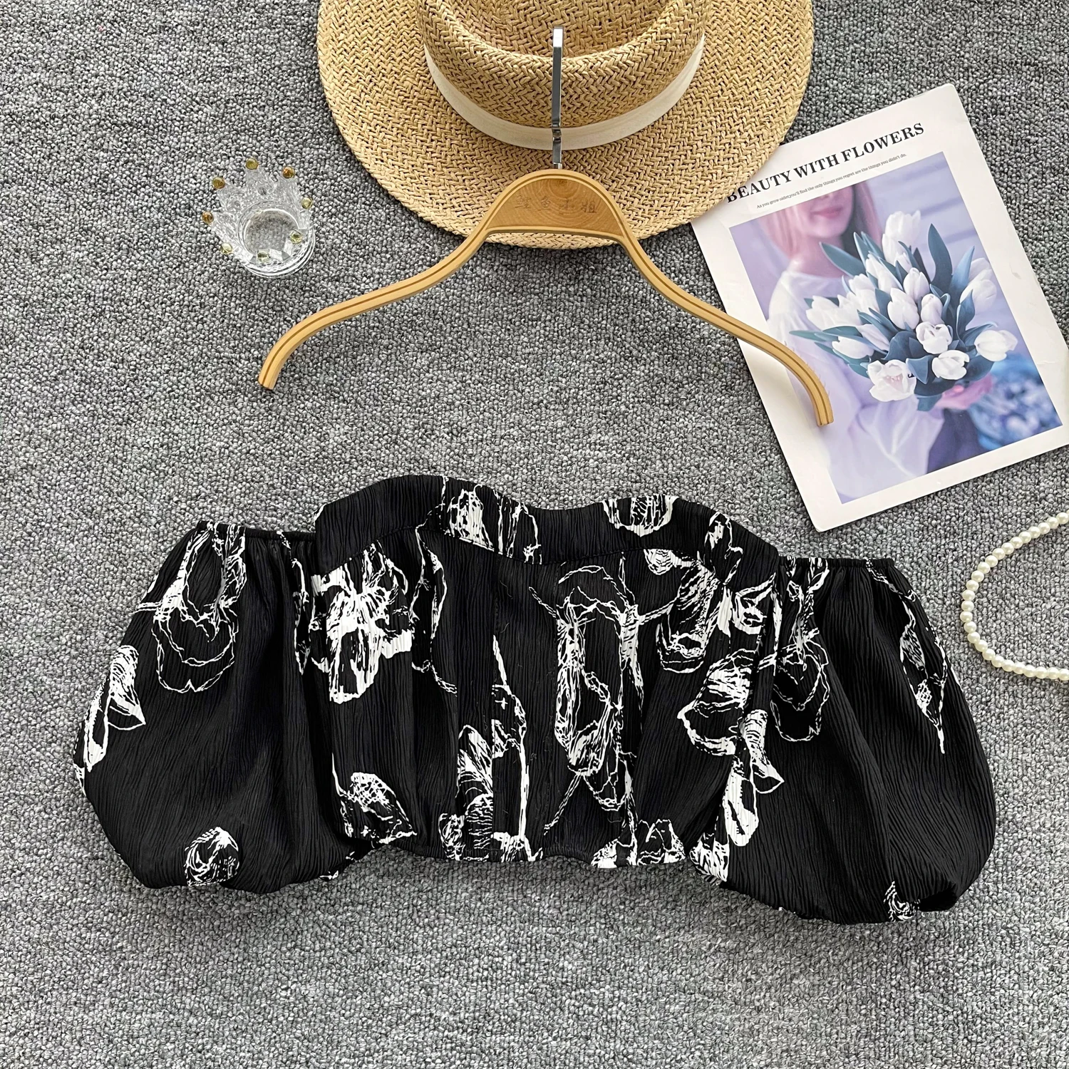 Vintage Elegant sweet print Off Shoulder puff sleeve Blouse Fashion Shirt Casual Chic Top Fairy Summer Women