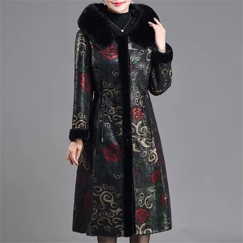 

XL-6XL Winter Women's Fur Coat New Middle-aged Mother Double-sided One Piece Of Fur Overcoat Femme Hooded Warm Jacket A
