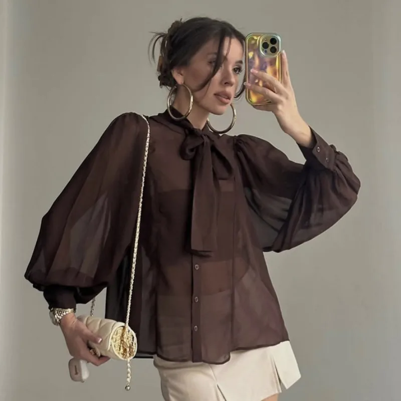 

Talenza Elegant Women Shirt Fashion Thin See-Through Lace-up Loose Casual Shirt Top Luxury Solid Chiffon Patchwork Women Blouses