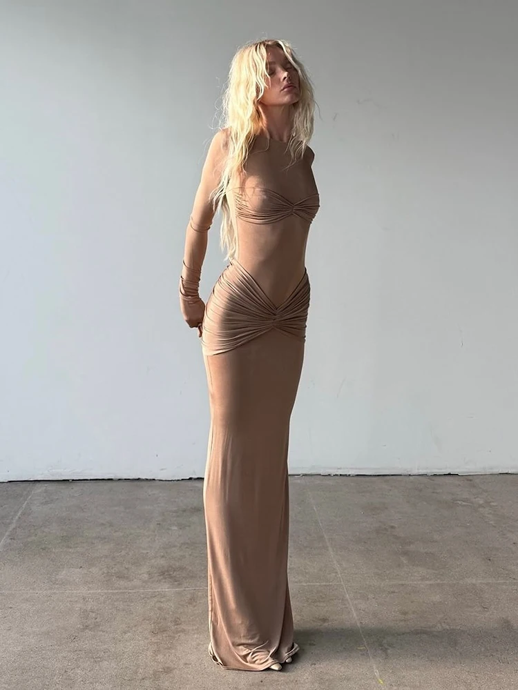 Mozision Lange Mouw Ruches Sexy Maxi Jurk Voor Vrouwen Jurk 2025, Lente Mode Effen O Hals Slim Fit Elegante Lange Jurk kleding