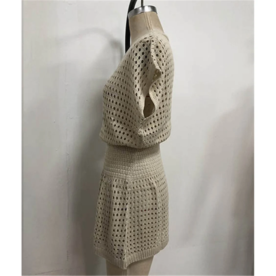 2026 Ausgehöhltes Kurzarm-Häkel-Strick-Tunika-Strandkleid Strandkleidung Strandmode Strand-Cover-Up für Damen V5494 – Detail 25