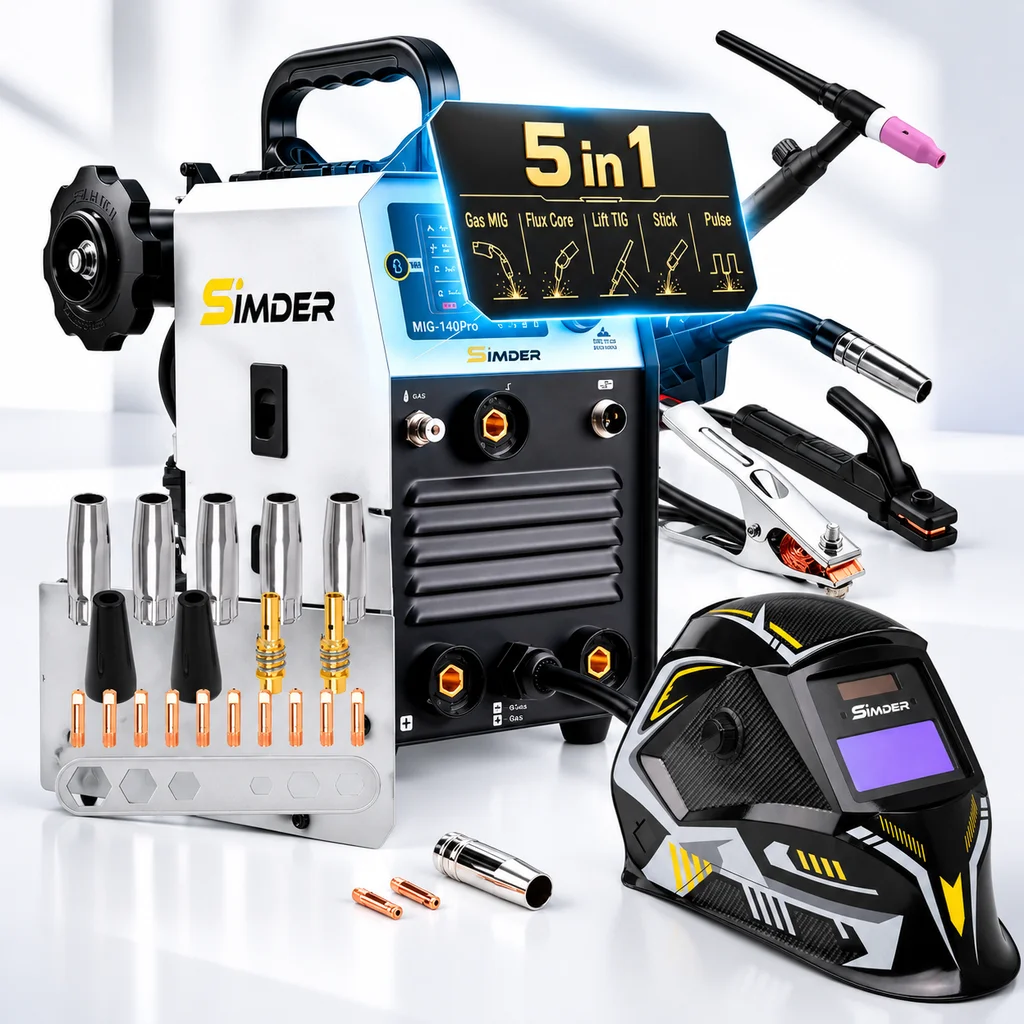 Tig Welder 140A 5-in-1 Multiprocess, Gas MIG Flux Core Lift TIG Stick Pulse Welding Machine, Dual Voltage 110V/220V Portable for Home Garage Farm, Fits 10lb Wire Spools, Equipped with a TIG Torch and The 20pcs-14AK MIG Welding Gun Accessories Kit ，Weld Au