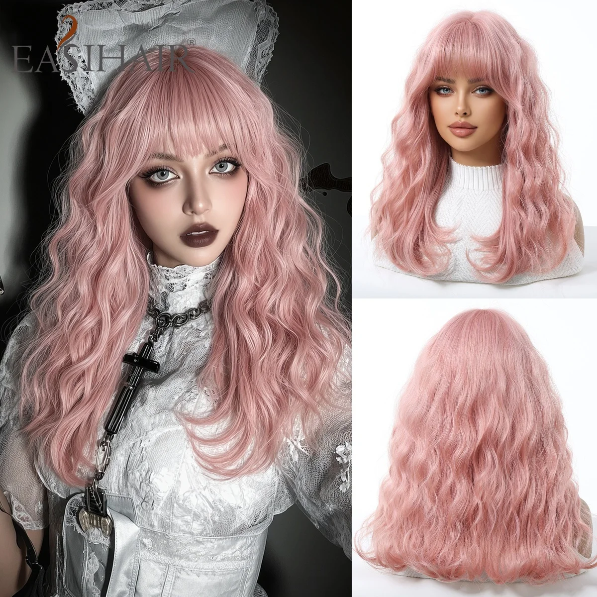 Pastel Pink Long Wavy Synthetic Wig with Bangs Rose Cap Heat Resistant Natural Looking Wig for Women Halloween Cosplay Lolita
