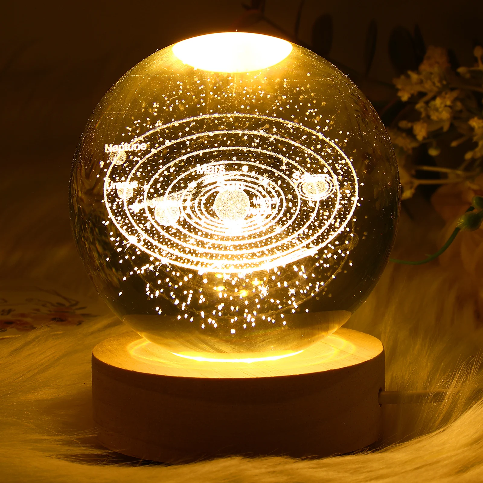 

3D Engraved Crystal Ball Lamp 8cm Solar System Night Light Table Wood Base Decor Aesthetic LED Mini Desk Lamp