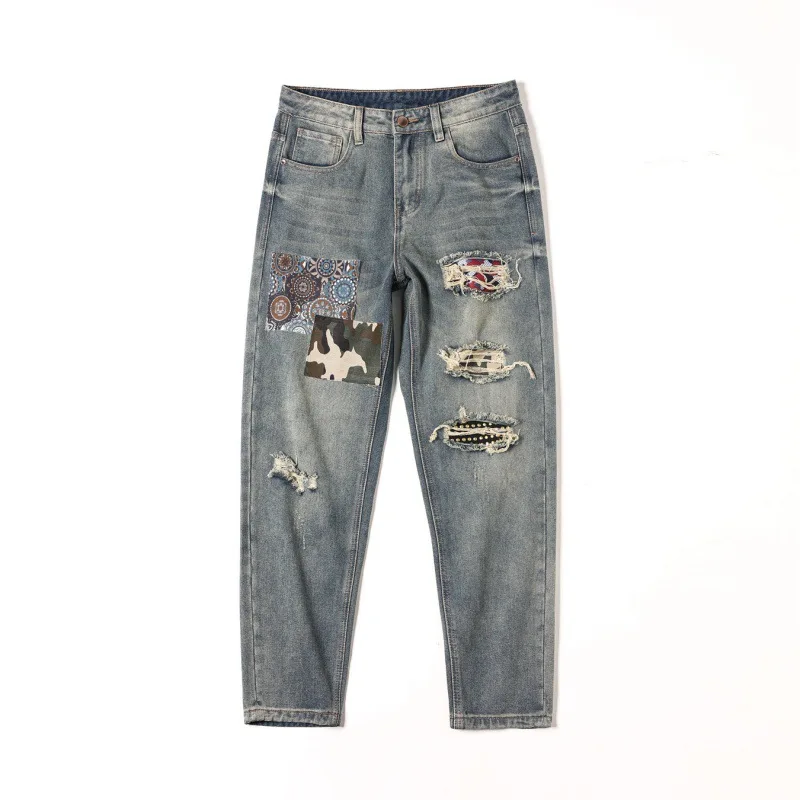 Hole & Patch Jeans Men's Fashionable Patch Printed Loose Straight American Street Retro Distressed Stitching Denim Long Pants