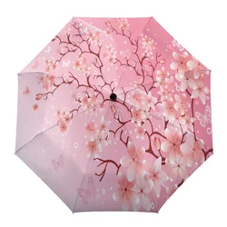 Pink Cherry Blossom Flowers Butterfly Creative Umbrella Rain Women Automatic Three Folding Umbrellas Windproof Parasol Parapluie