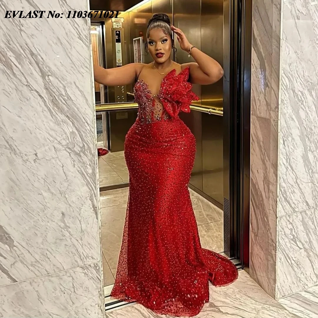 EVLAST Customized African Red Mermaid Prom Dress Sparkly Beading Sequins Lace Aso Ebi Ruffled Flower Formal Evening Gown P109