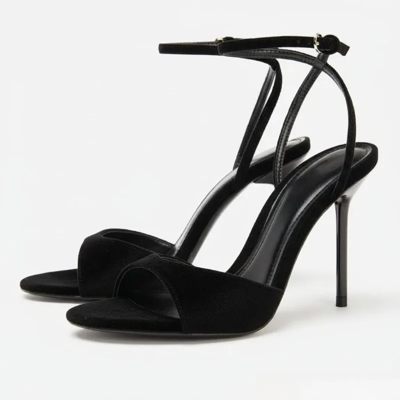 

High Heels Ladies Designer Banquet Party Shoes Women Pumps Velvet Sexy Thin Heels Sandals Women Peep Toe Ankle Strap Elegant