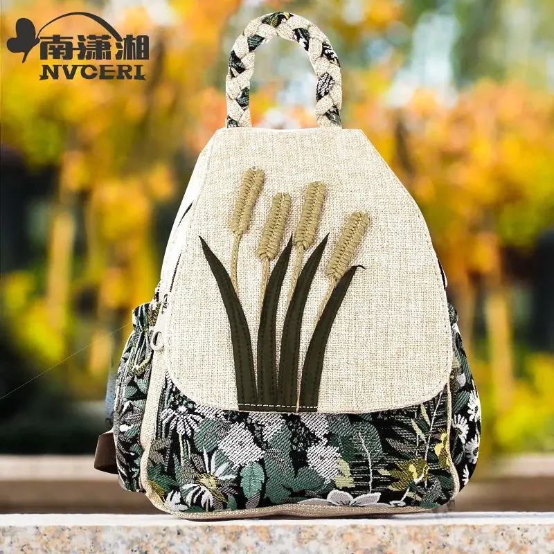 Chinese Style Fashion Floral Pattern Knitted Embroidery Backpack Women Multifunction Casual Vintage Canvas Travel Backpack