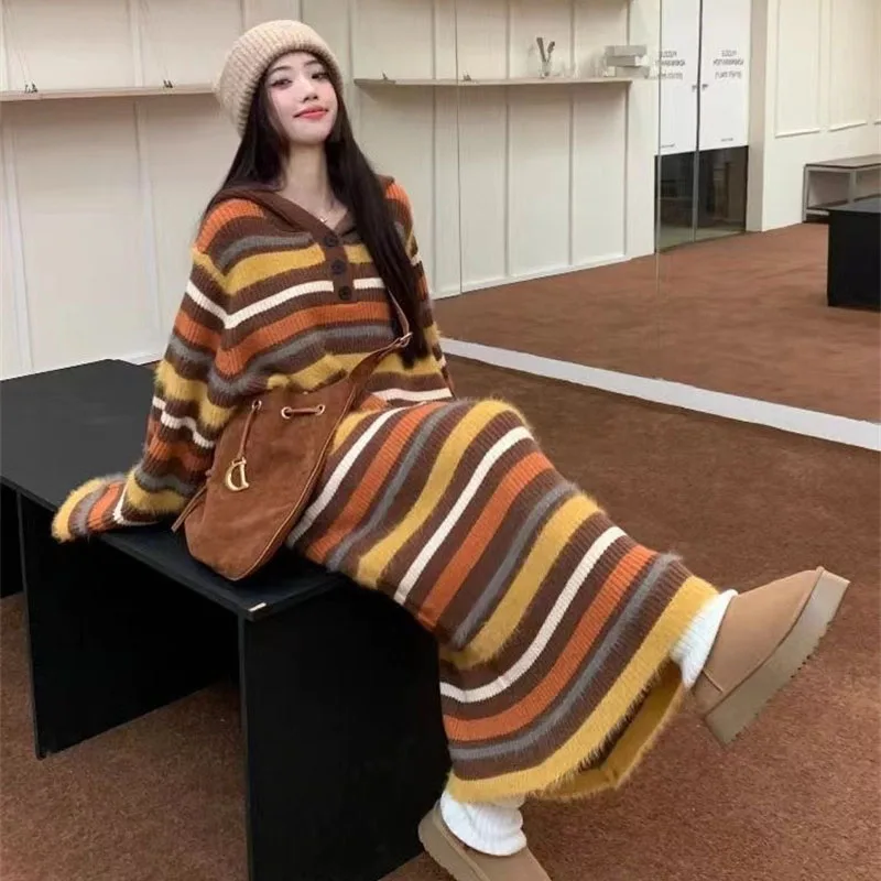 الموضة الملونة المشارب مقنعين سترة طويلة البلوز المرأة سترة مشغولة من الصوف سترة الربيع الخريف الشتاء معطف قاع قميص #5