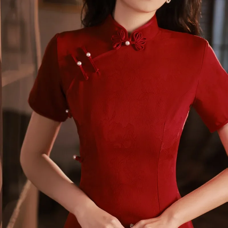 Yourqipao Spring and Summer Burgundy New Chinese Cheongsam Women Engagement Evening Qipao Dress 2024