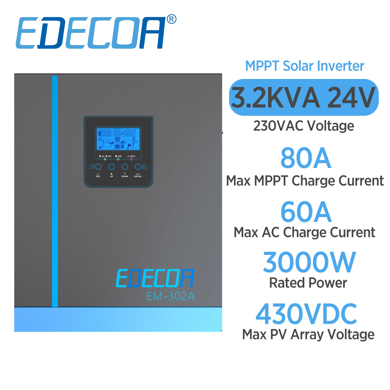 EDECOA 24V 3000W Solar Hybrid Inverter 24V to 220V 230V Off Grid Pure Sine Wave Inverter 3KW 3.2KVA