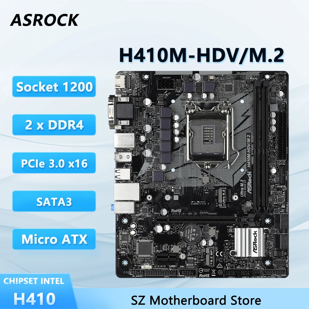 

ASROCK H410M-HDV/M.2 H410 Разъем для материнской платы 1200 для G6400 G5900 i3-10100 i5-10400 Процессор DDR4 2933 МГц M.2 WiFi Key EMicro ATX