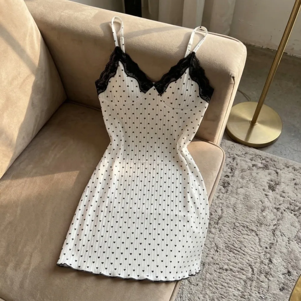 

Love Heart Print Women Heart Pajama Dress Slim Fit V Neck Suspender Lace Trim Camisole Nightdress Sleepwear Soft