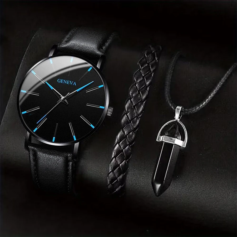 3PCS/Set Men Business Watches Casual Leather Band Quartz Wristwatch Bracelet Necklace Set