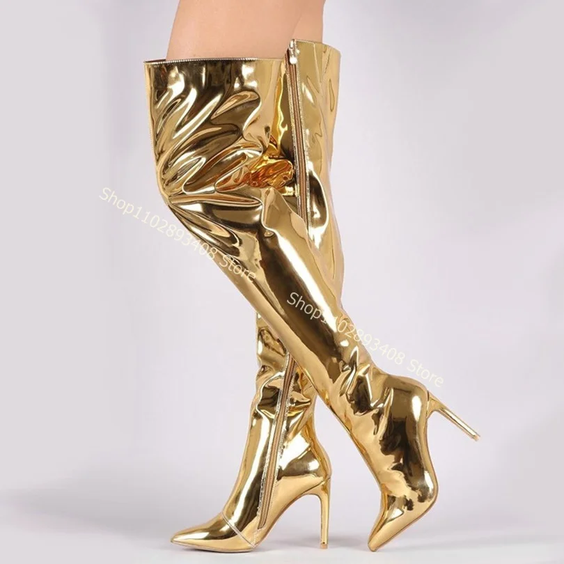 

Gold Patent Leather Pointed Toe Knee Boots Side Zipper Stiletto High Heels Women Fashion Big Size Boots 2023 Zapatos Para Mujere