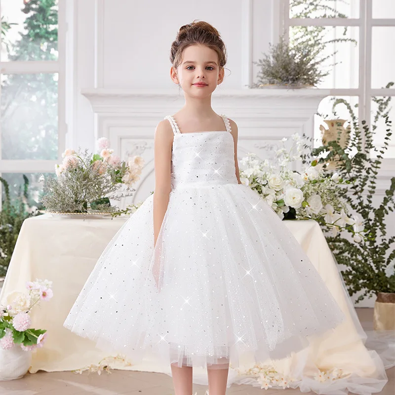 

Summer new Children's beaded halter dresses, flowered children's puffy tulle gowns, little girls' host performance costumes