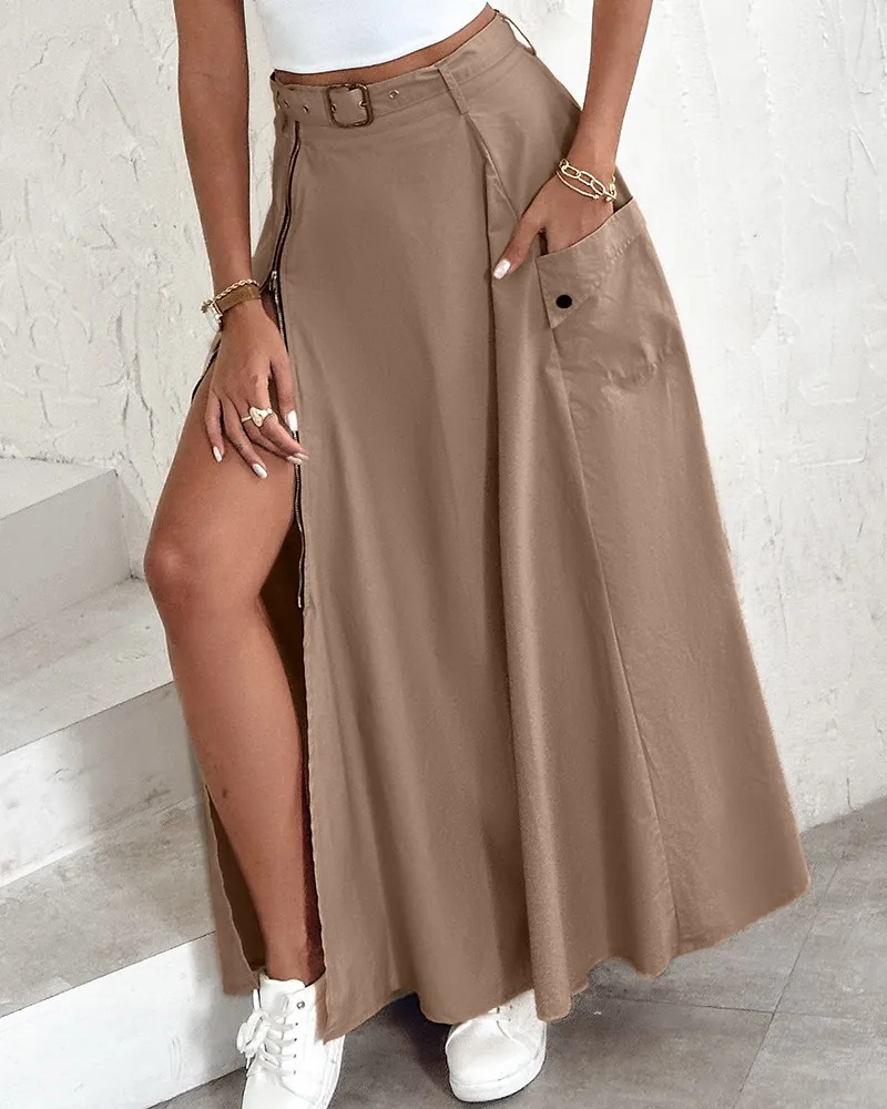 Summer New Women Elegant Waist Belt Zipper High Slit Maxi A-line Skirt