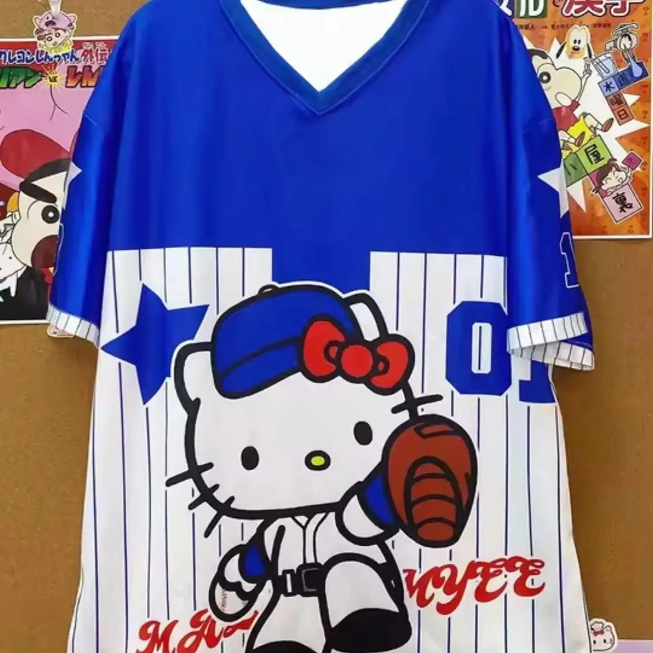 Summer Sanrio Hellokitty Cartoon Printed Short Sleeved T-Shirt V-Neck Loose And Fashionable Street Wear Casual Sportswear Top