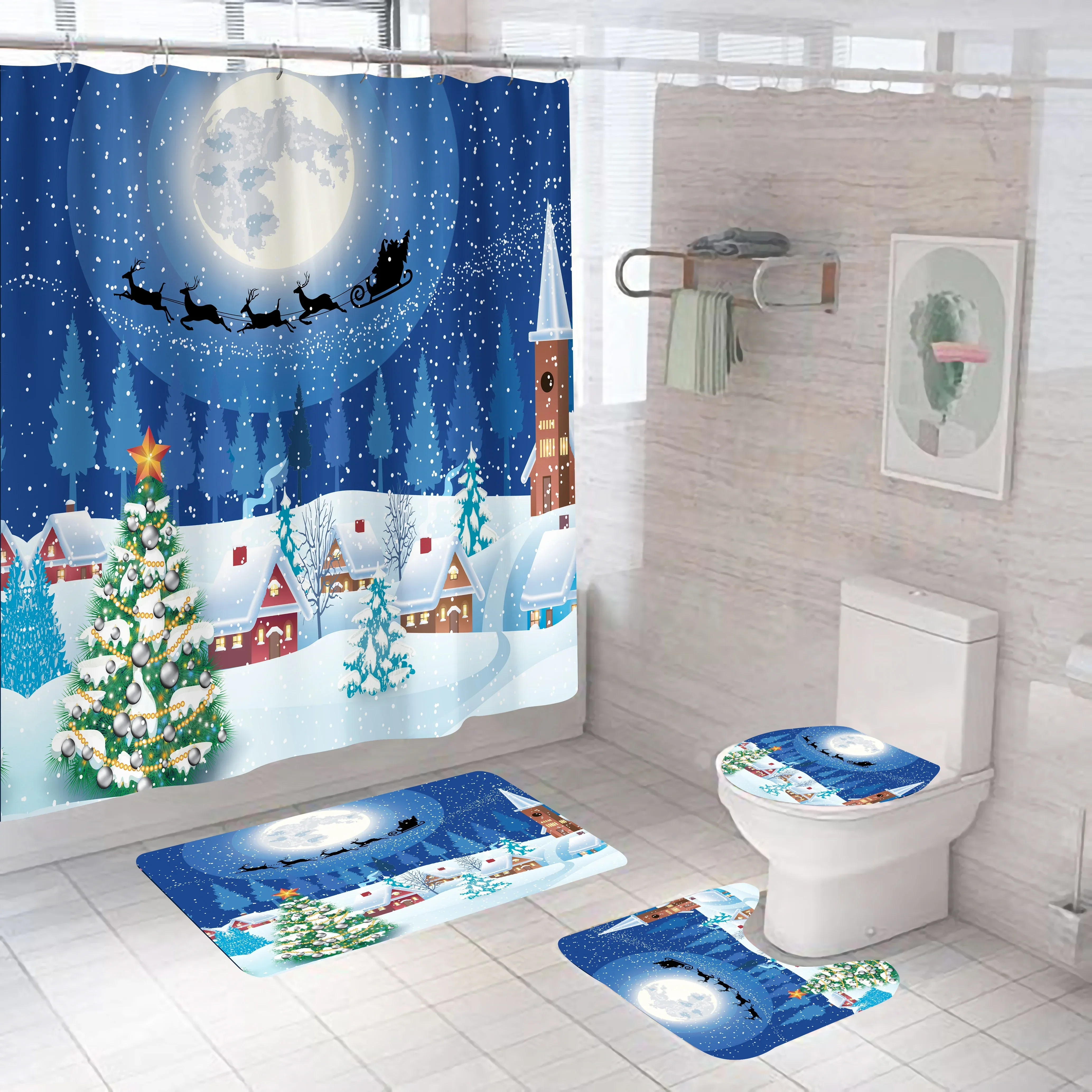 3d Digital Printing Merry Christmas Shower Curtain Waterproof Polyester Landscape Curtains Bathroom Shower Curtain And Rug Sets