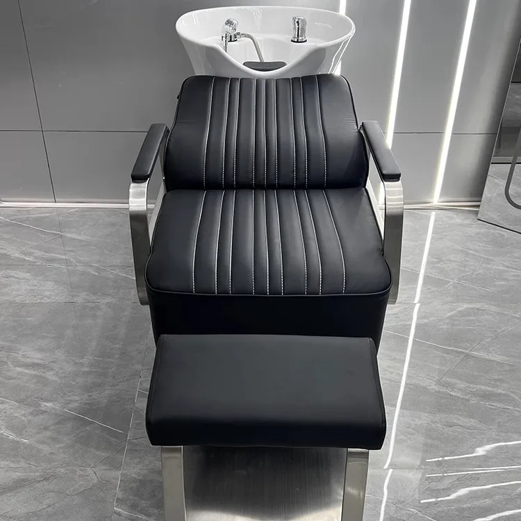 High-end barber shop shampoo bed hair salon special stainless steel semi-lying ceramic basin flushing bed