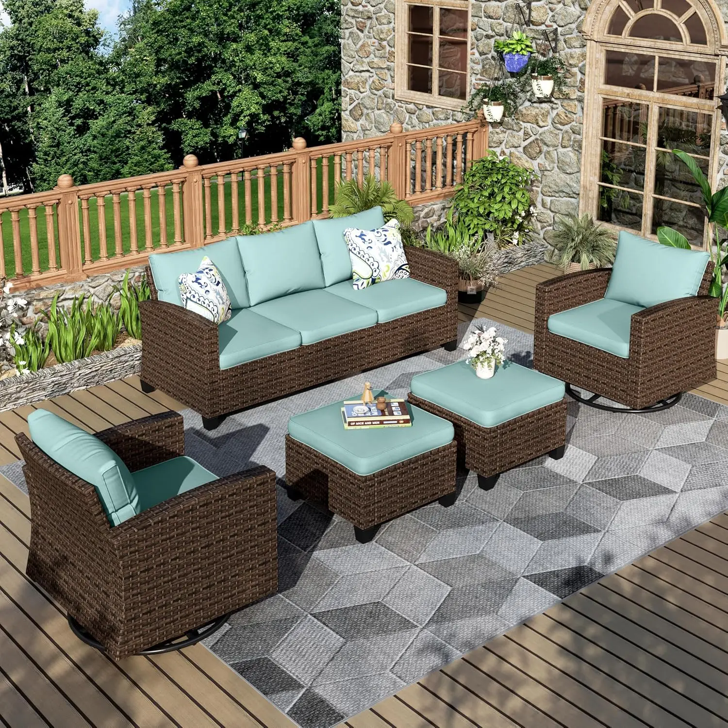 

5pc Wicker Swivel Glider Patio Set, 2 Chairs 3-Seat Sofa 2 Ottomans, Outdoor Conversation, Blue, Customized