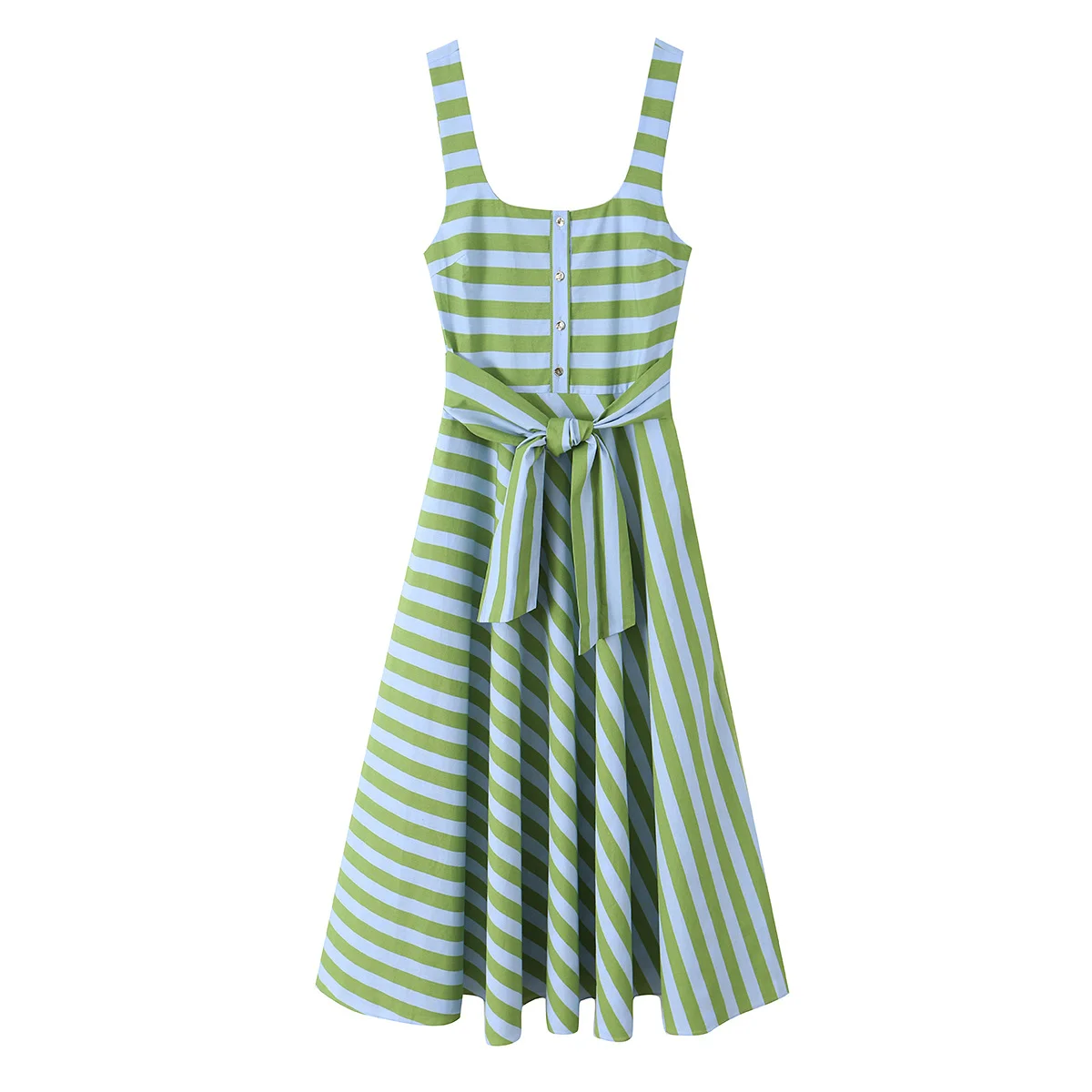

Willshela Women Fashion With Belt Striped Front Button Side Zipper Midi Dress Vintage Straps Square Collar Female Chic Dresses