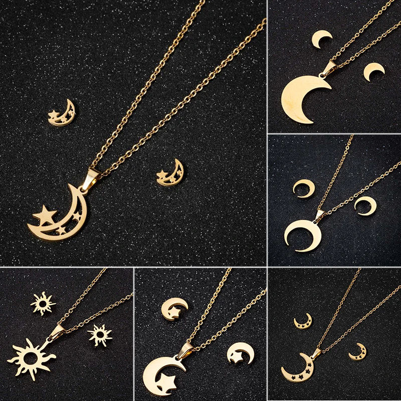 Shuangshuo Hollow Moon And Star Necklace Earrings Set Trendy Stainless Steel Jewelry Sets for Women Girls Mothers Day Gift