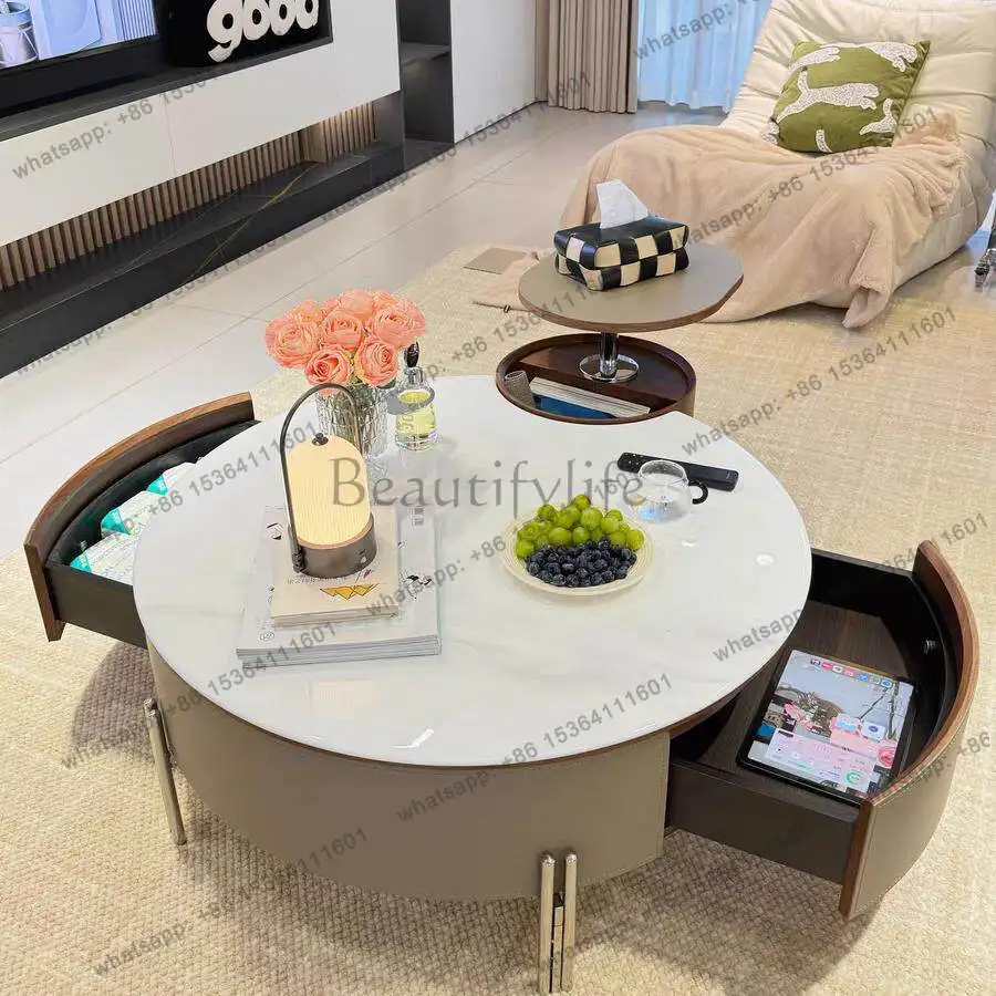 New round microcrystalline stone coffee table lifting rotating saddle leather home modern high-end coffee table