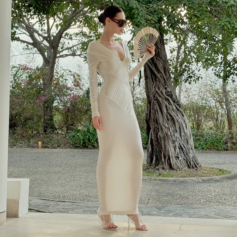 Seksowna europejsko-amerykańska sukienka maxi z dekoltem w serek, długim rękawem, dopasowanym krojem, wysokim stanem i jednolitym kolorem dla kobiet.