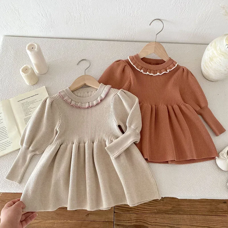 2024 New Autumn Sister Clothes 1-6Yrs Girl Party Dress Long Sleeved Solid Color Kids Princess Dresses Baby Girls Knitting Dress
