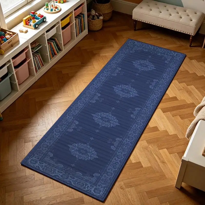 Vintage Oriental Navy Blue Faded Medallion Runner Rug, Machine Washable Long Hallway Corridor Carpet, Bohemian Floral Floor Mat for Entryway, Kitchen, Bedroom, Home Decor