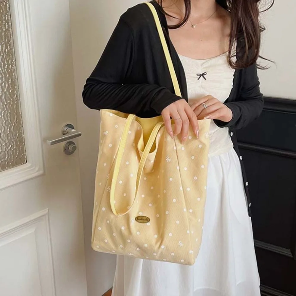 Lightweight Polka Dot Tote Foldable Soft Fabric Canvas Shoulder Bag Washable Pastel Colors Double-sided Cloth Handbag Students