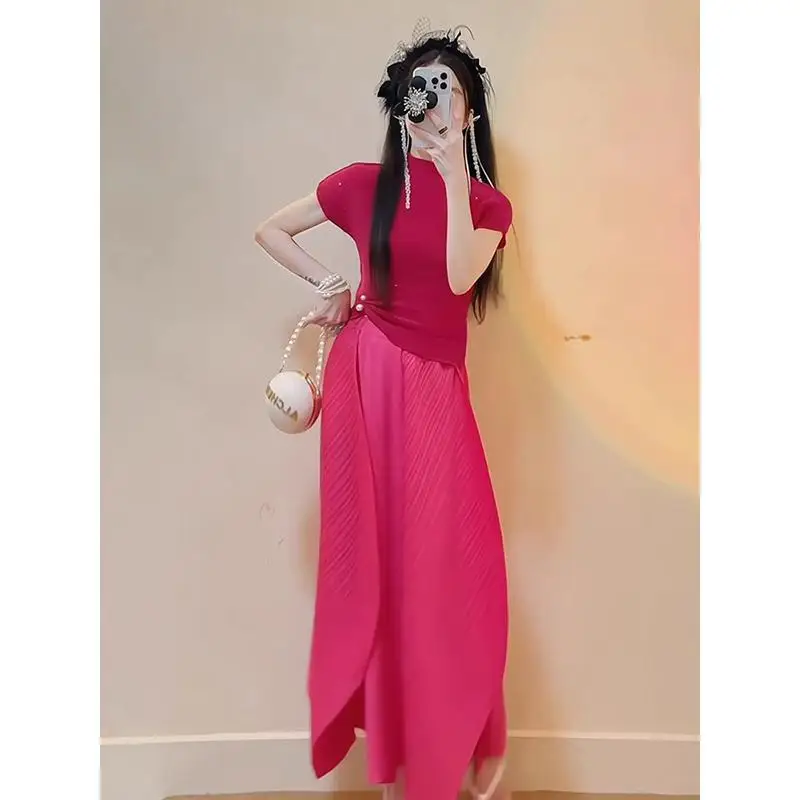 Damska spódnica do połowy ciała Miyake 2025 letnia nowa moda na co dzień wszechstronny temperament na co dzień jednokolorowa plisowana spódnica z wysokim stanem