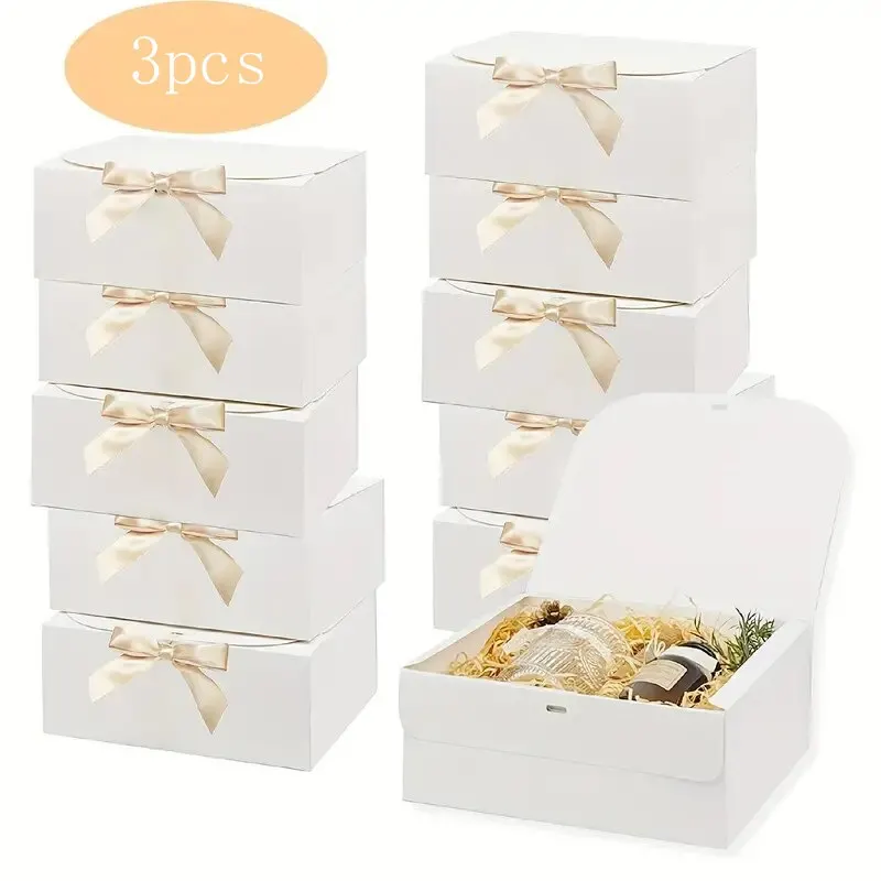 3pcs Large White All-In-One Gift Cardboard Box with Bow Ribbon Perfect for Party Weddings Birthday Holiday Candy Cookie Storage