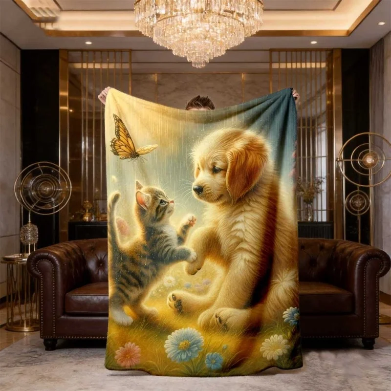 Cute Kitten Puppy Flannel Blanket Soft Dog Cat Heart Reflection Fleece Blanket Cozy Warm Throw Blankets For Sofa Bed Kids Gift