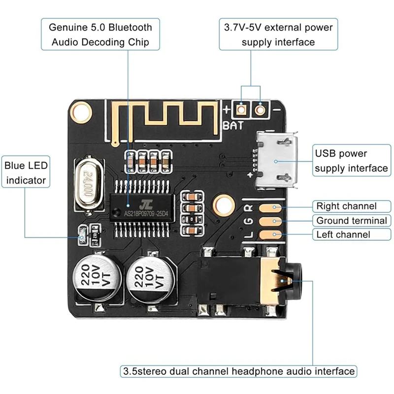 

ELECT-10Pcs Bluetooth Audio Receiver Board BT 5.0 Stereo Audio Amplifier 3.7-5V DIY Car Speaker Amplifier