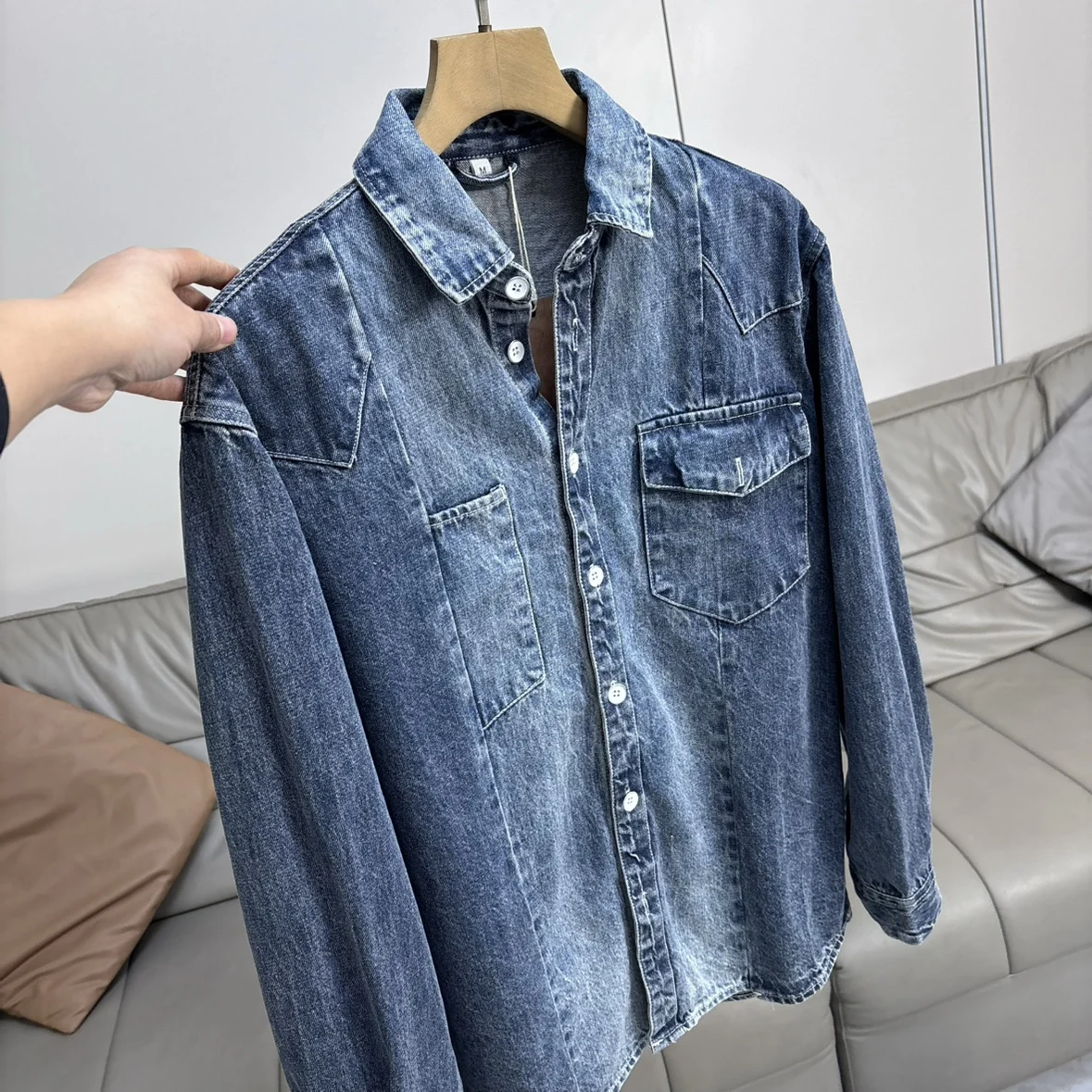 

Ретро-куртка из выстиранного хлопкового денима для мужчин, с длинными рукавами, воротником, в стиле рабочей одежды, с двумя карманами, весенне-осенняя, повседневная верхняя одежда